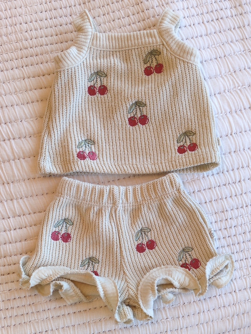 Cream Knit Cherry Tank & Shorts Set - Kids